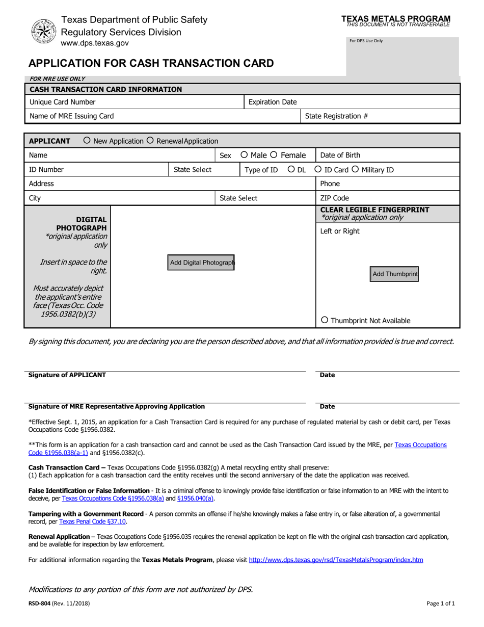 Form RSD-804 Application for Cash Transaction Card - Texas, Page 1