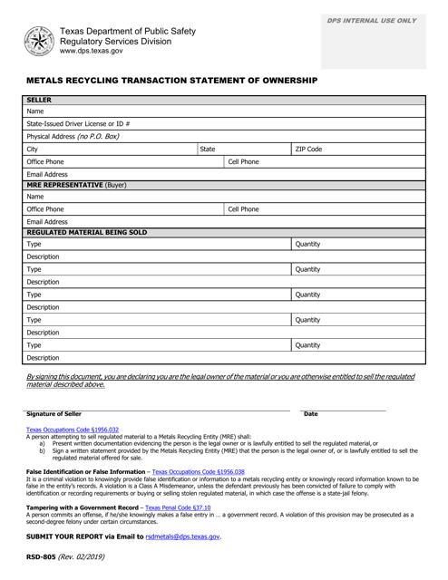 Form RSD-805 Metals Recycling Transaction Statement of Ownership - Texas