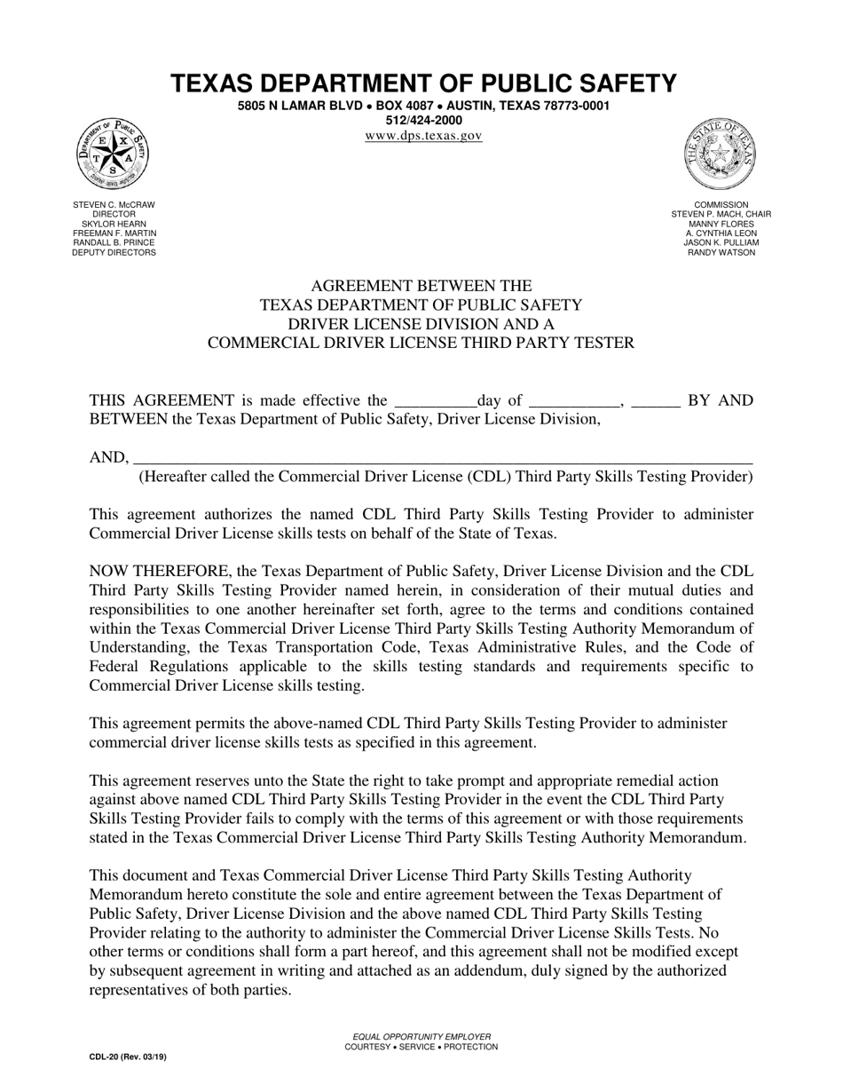 Form CDL-20 Agreement Between the Texas Department of Public Safety Driver License Division and a Commercial Driver License Third Party Tester - Texas, Page 1