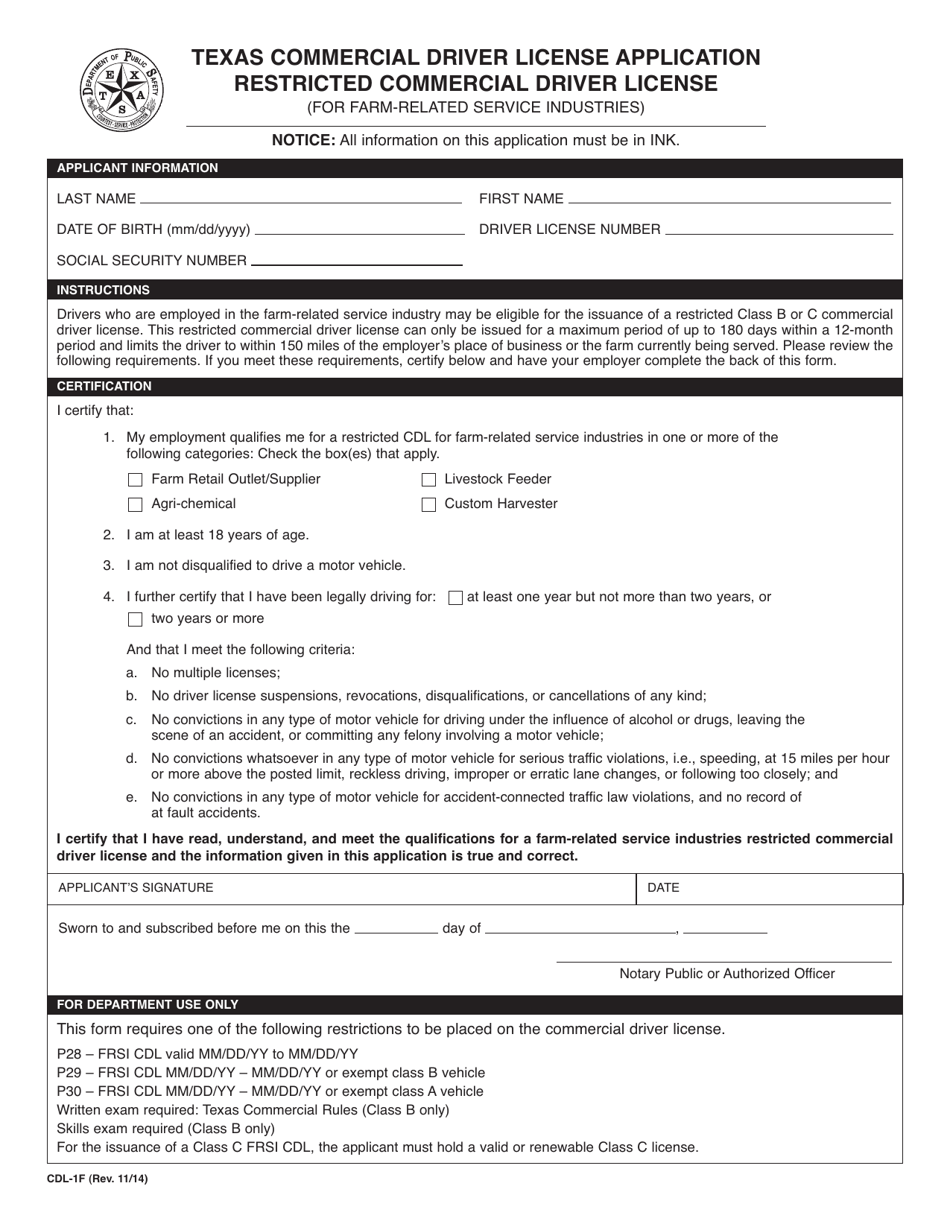 Form CDL-1F Texas Commercial Driver License Application Restricted Commercial Driver License - Texas, Page 1
