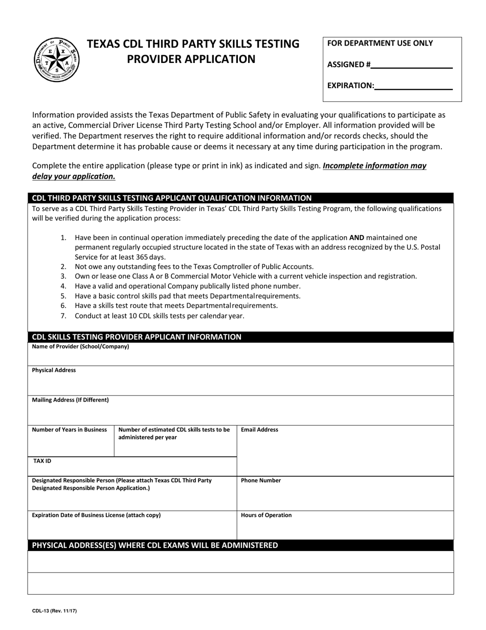 Form CDL-13 Texas Cdl Third Party Skills Testing Provider Application - Texas, Page 1