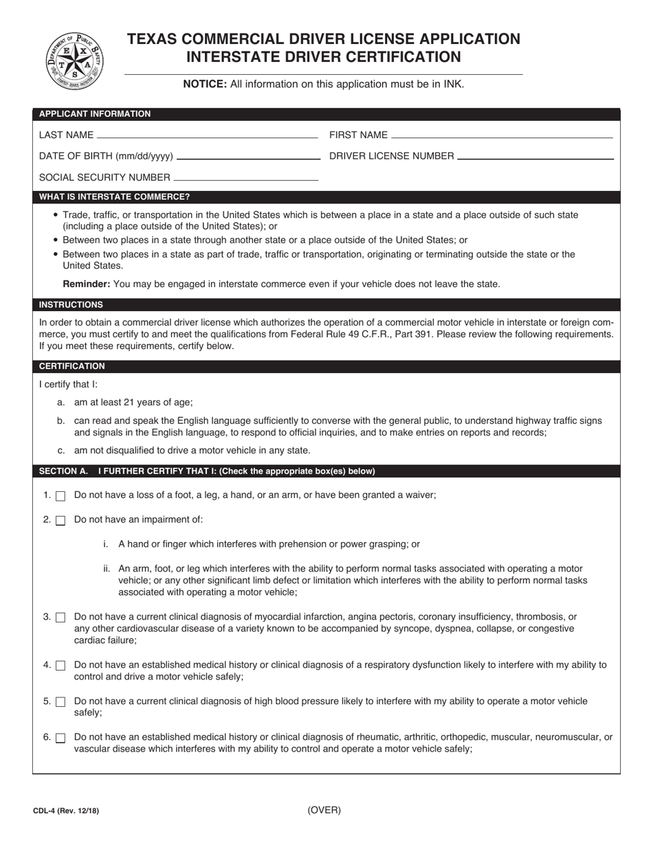 Form CDL-4 Texas Commercial Driver License Application Interstate Driver Certification - Texas, Page 1