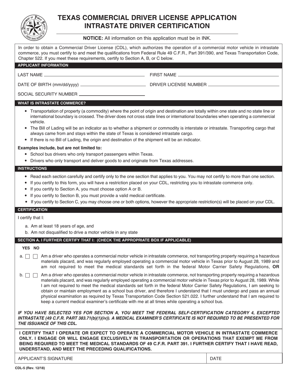 Form CDL-5 Texas Commercial Driver License Application Intrastate Driver Certification - Texas, Page 1