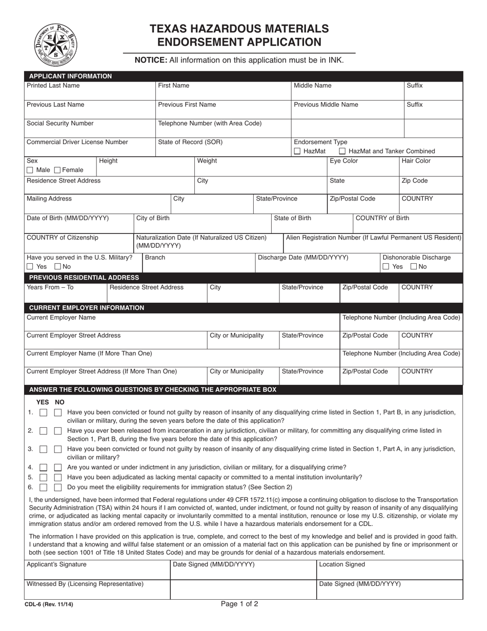 Form CDL-6 Texas Hazardous Materials Endorsement Application - Texas, Page 1