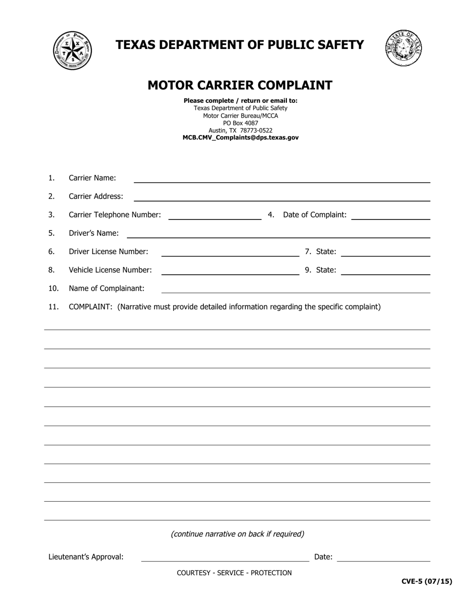 Form CVE-5 Motor Carrier Complaint - Texas, Page 1