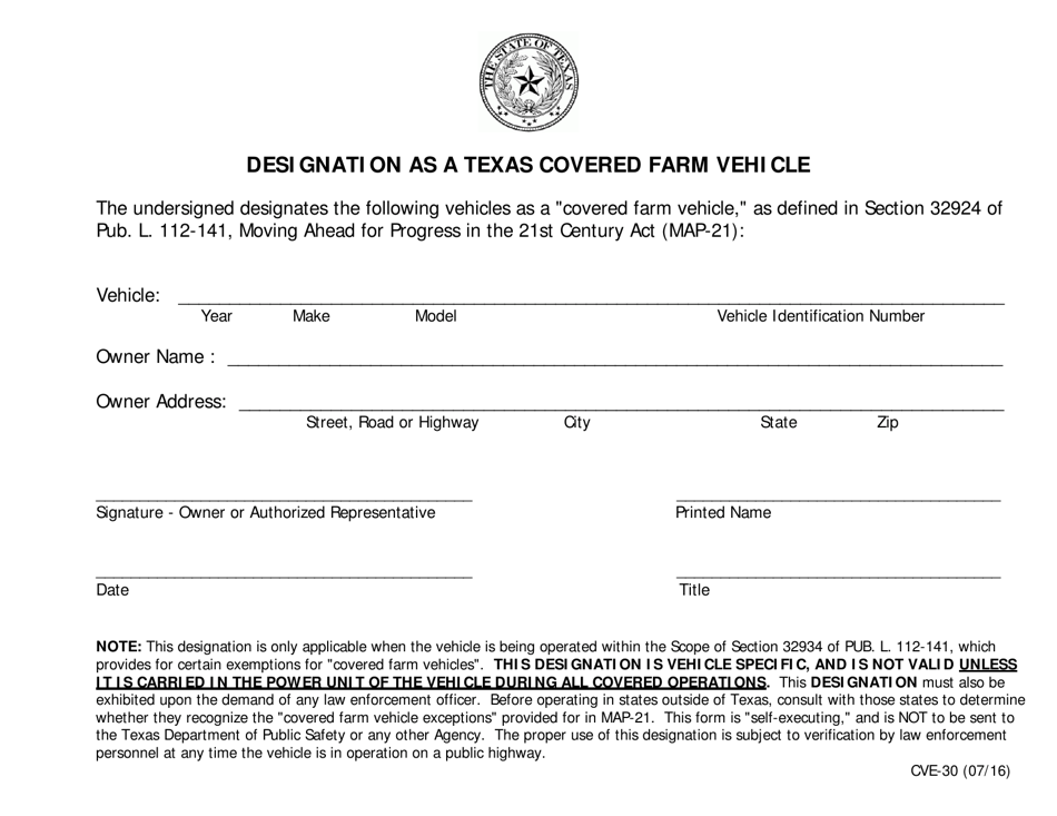 Form CVE-30 Designation as a Texas Covered Farm Vehicle - Texas, Page 1