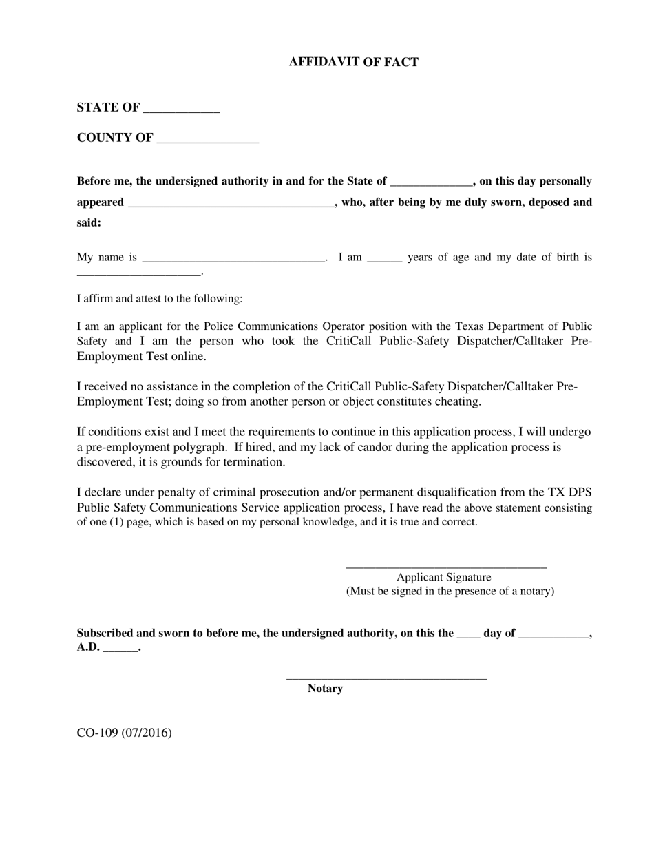 Form CO-109 Affidavit of Fact - Texas, Page 1