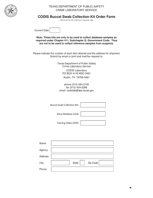 Form LAB-CO-09 Codis Buccal Swab Collection Kit Order Form - Texas