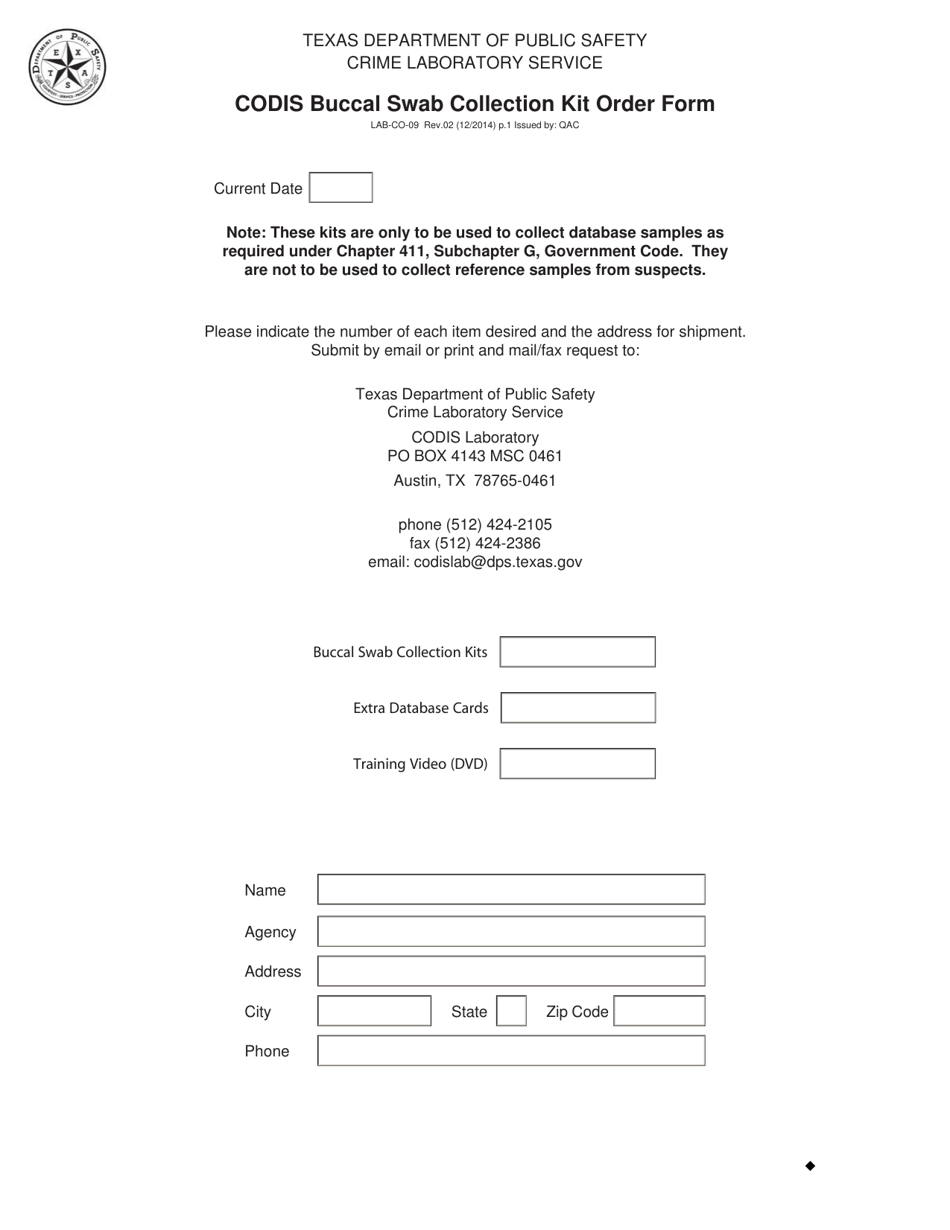 Form LAB-CO-09 Codis Buccal Swab Collection Kit Order Form - Texas, Page 1