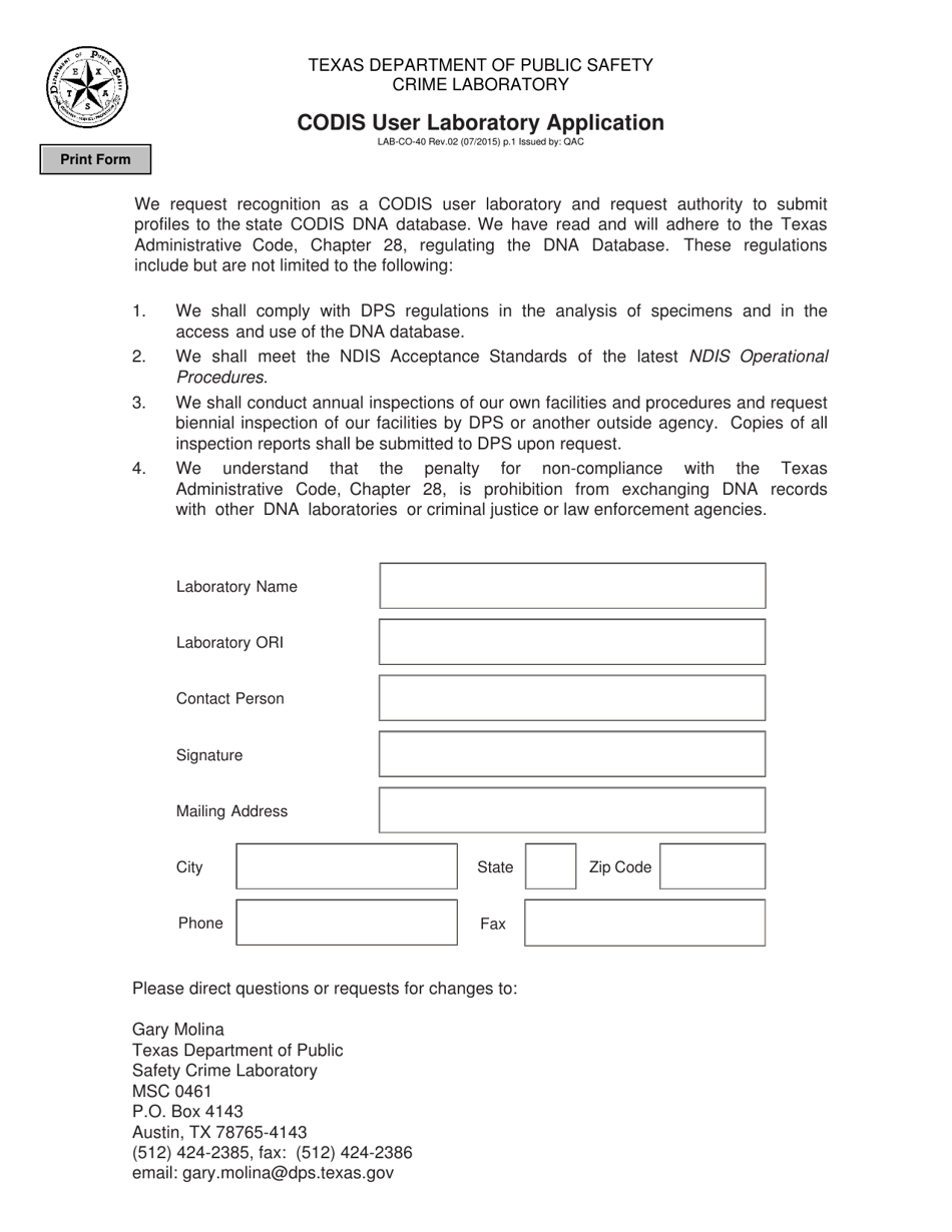 Form LAB-CO-40 Codis User Laboratory Application - Texas, Page 1