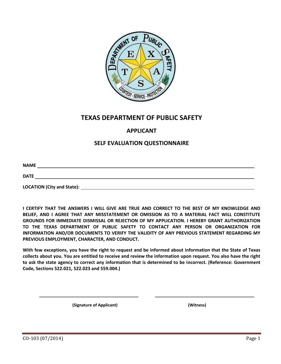 Form CO-103 Applicant Self Evaluation Questionnaire - Texas, Page 1