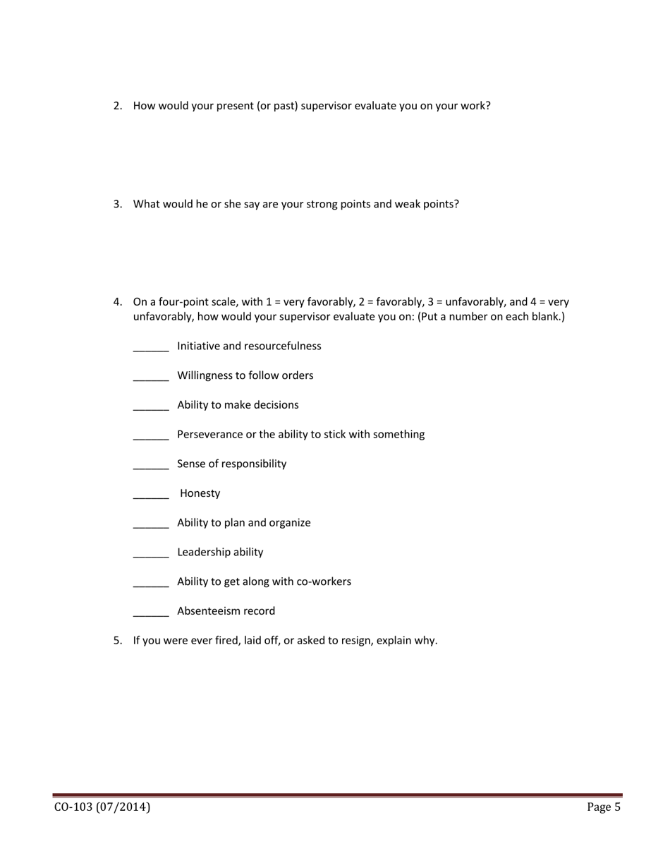 Form CO-103 Applicant Self Evaluation Questionnaire - Texas, Page 5
