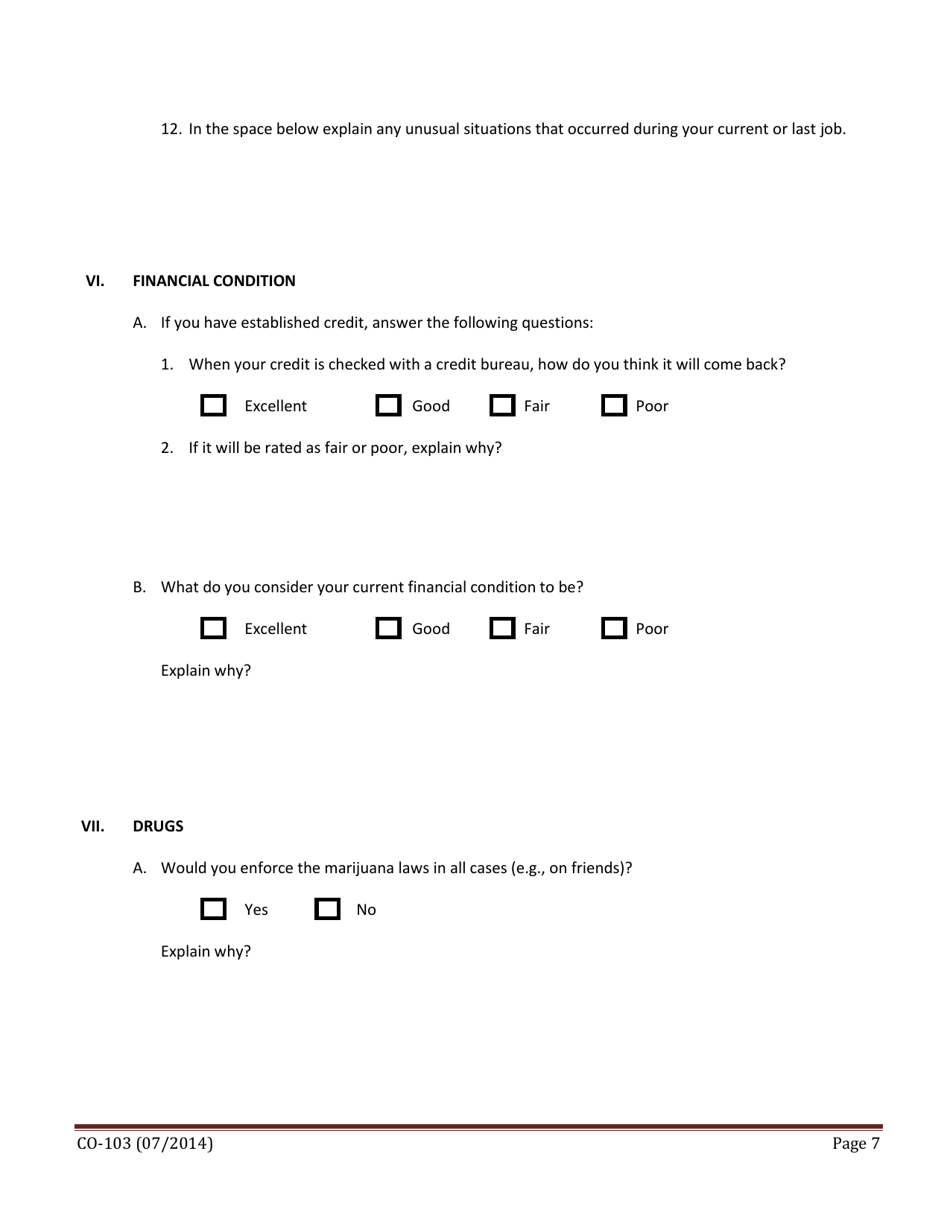 Form CO-103 Applicant Self Evaluation Questionnaire - Texas, Page 7