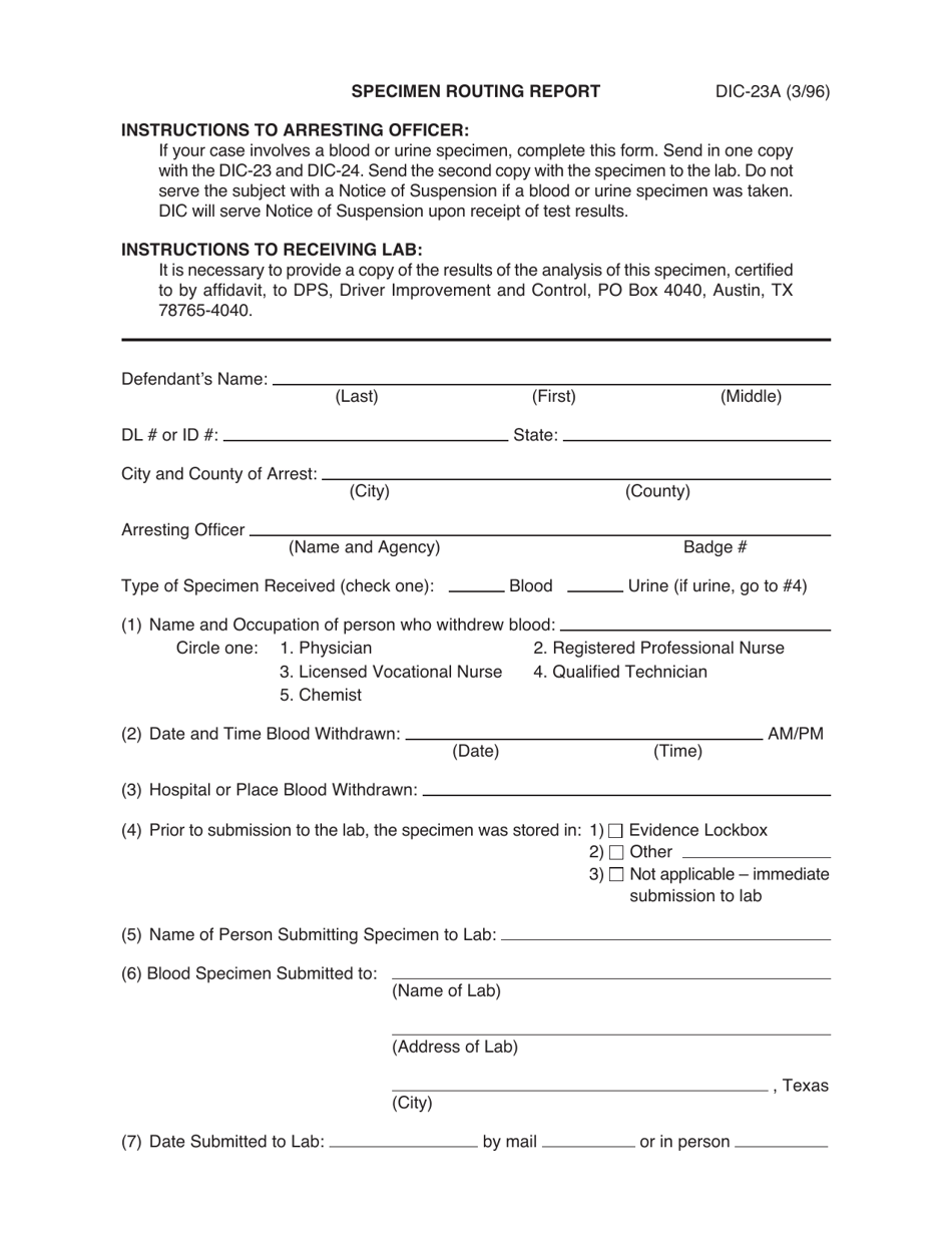 Form DIC-23A Specimen Routing Report - Texas, Page 1