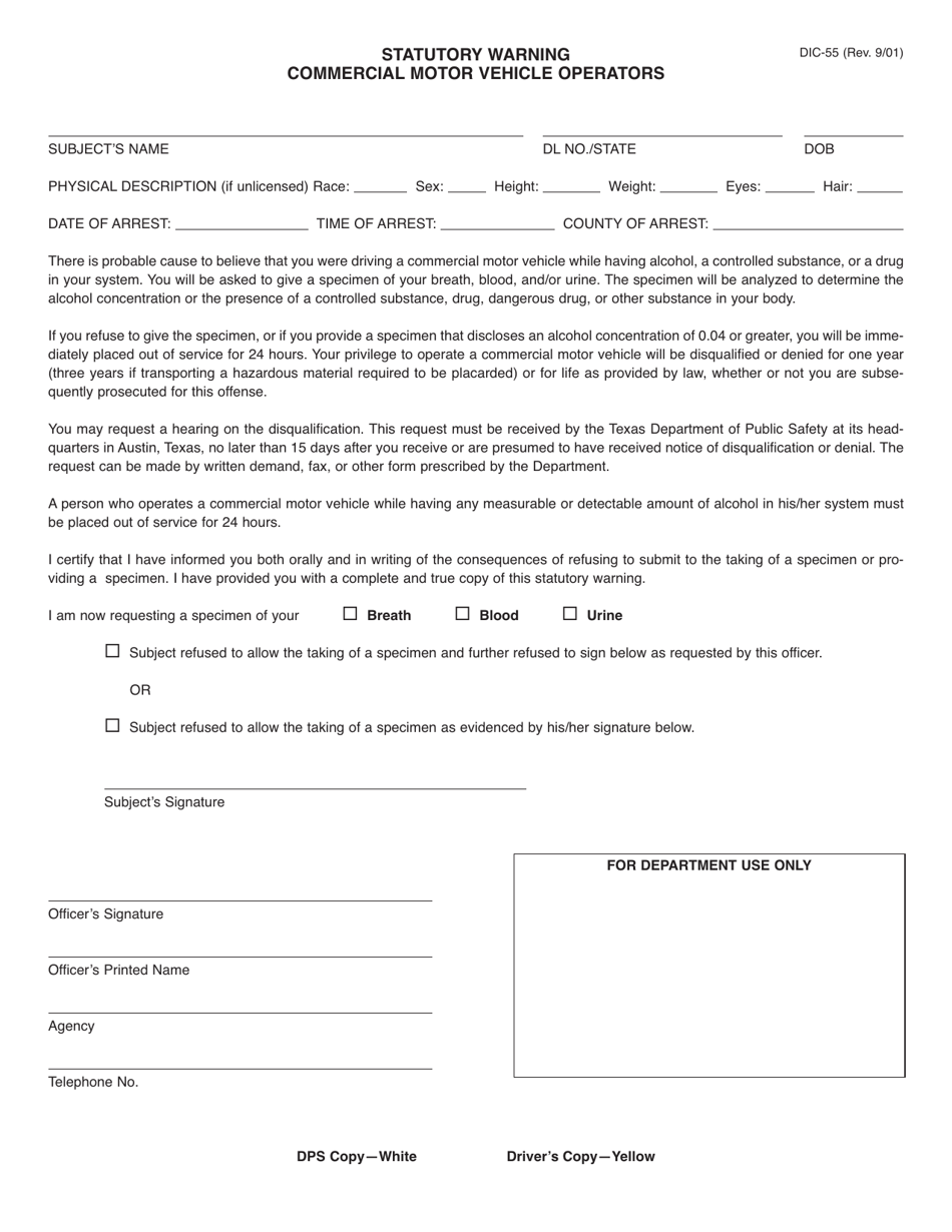 Form DIC-55 Statutory Warning - Commercial Motor Vehicle Operators - Texas, Page 1