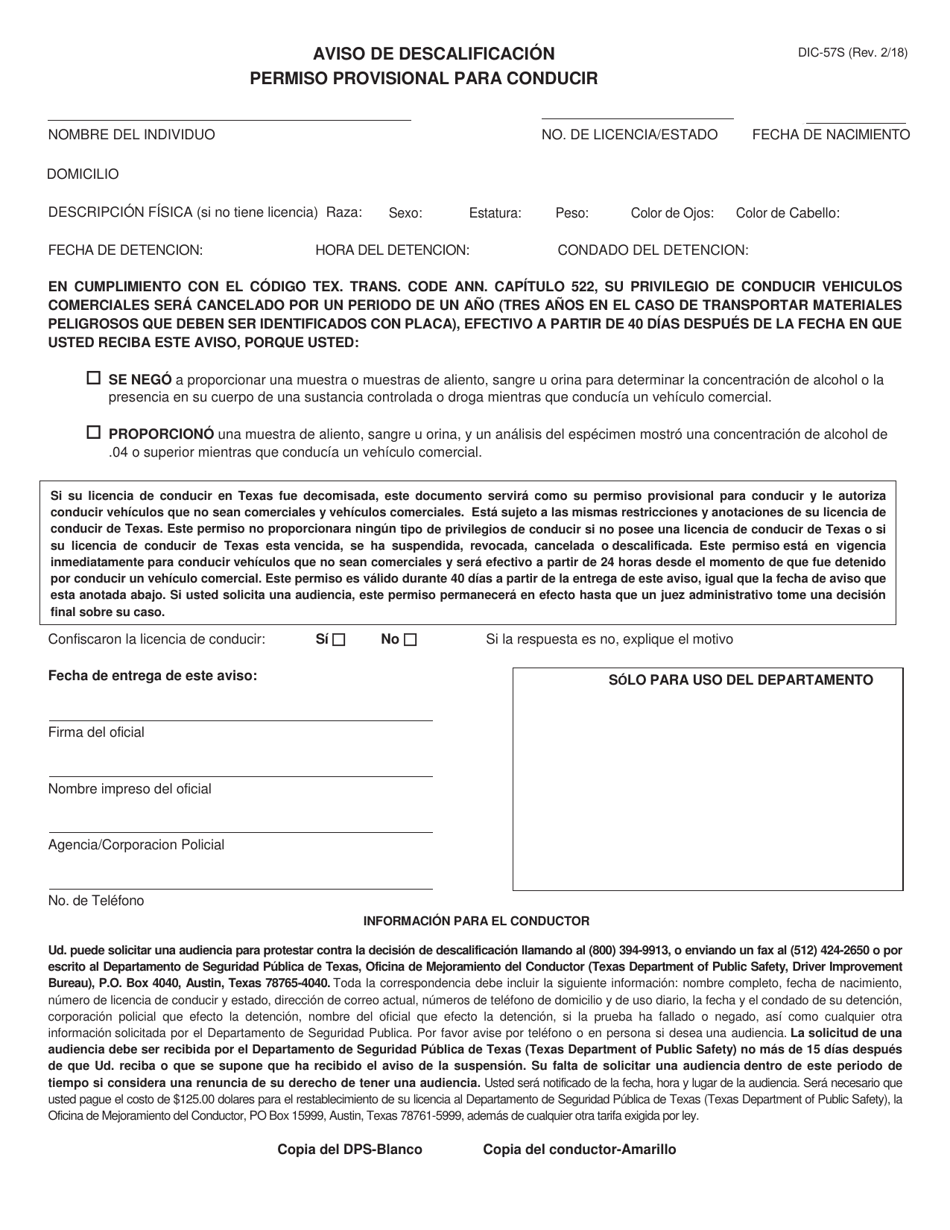 Formulario DIC-57S Aviso De Descalificacion Permiso Provisional Para Conducir - Texas (Spanish), Page 1