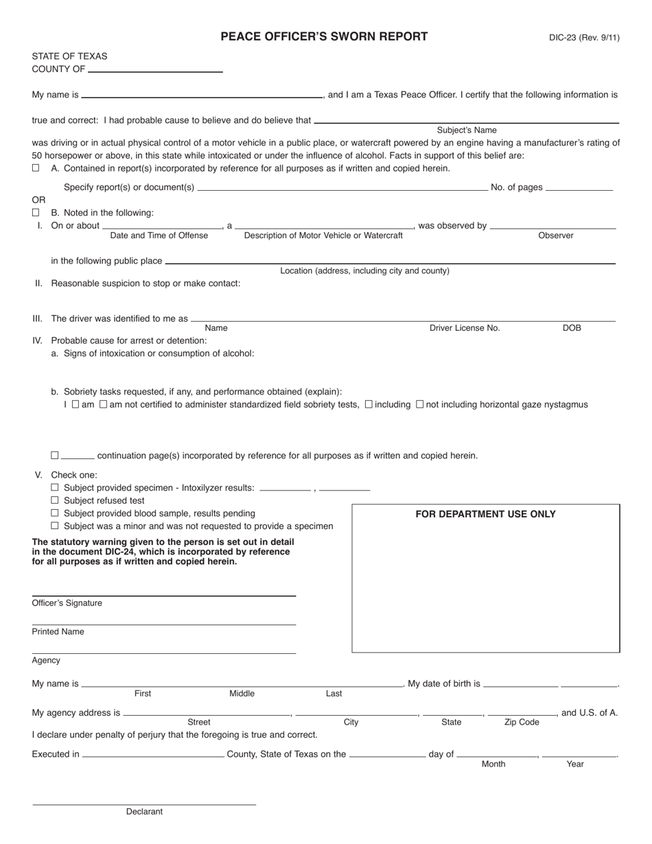 Form DIC-23 Peace Officers Sworn Report - Texas, Page 1