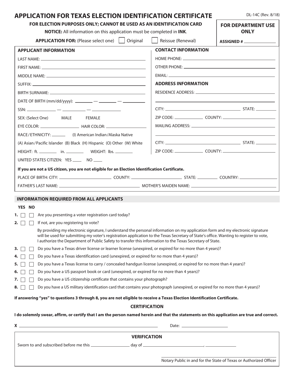 Form DL-14C Application for Texas Election Identification Certificate - Texas, Page 1