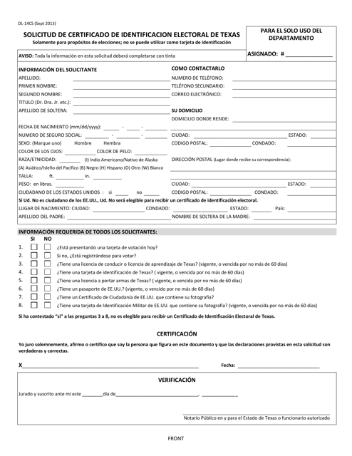 Form DL-14CS Solicitud De Certificado De Identificacion Electoral De Texas - Texas