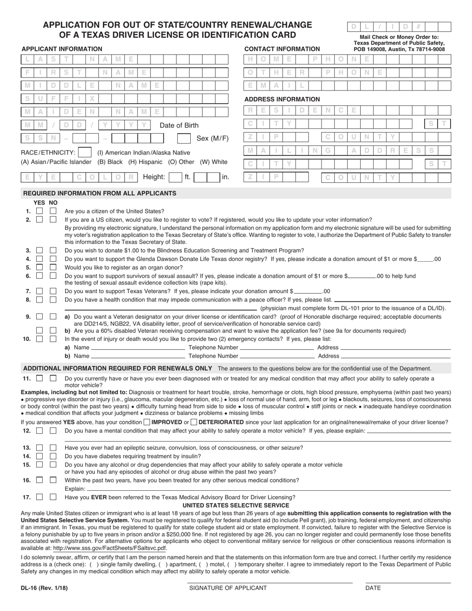 Form DL-16 Application for out of State / Country Renewal / Change of a Texas Driver License or Identification Card - Texas, Page 1