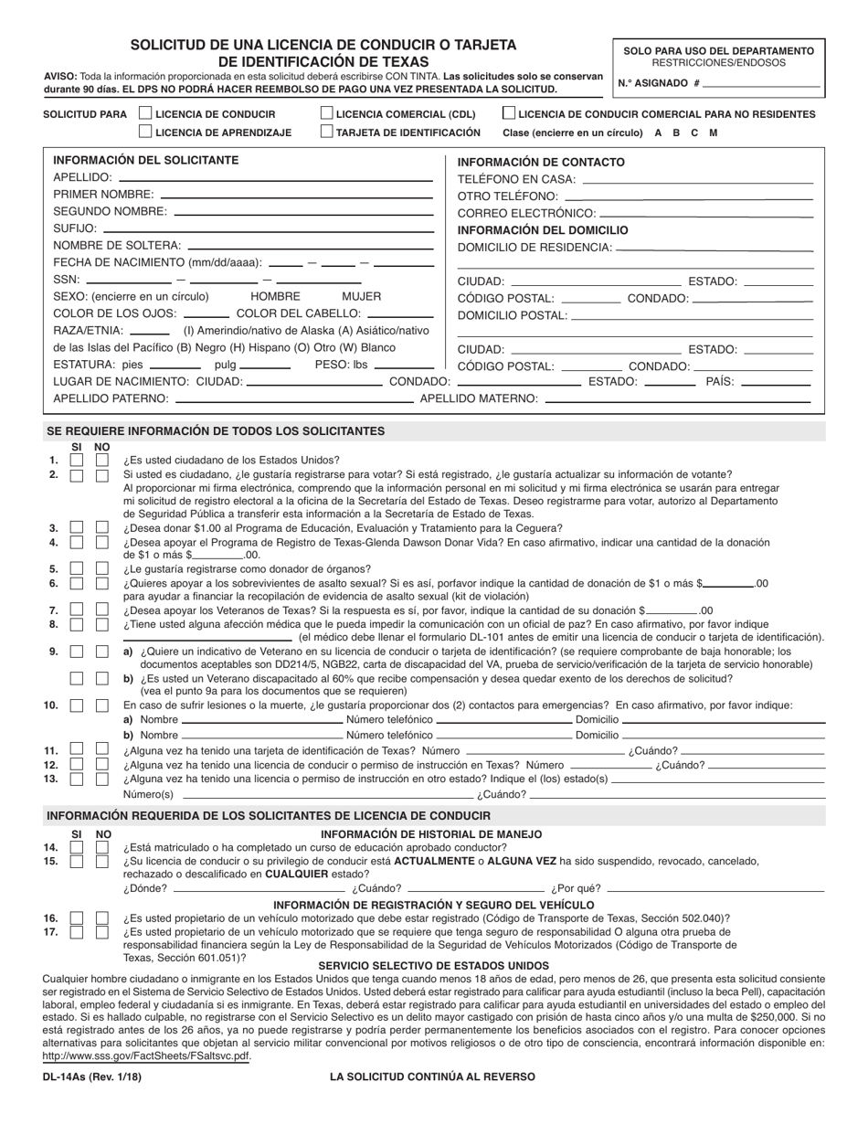 Formulario DL-14A Solicitud De Una Licencia De Conducir O Tarjeta De Identificacion De Texas - Texas (Spanish), Page 1