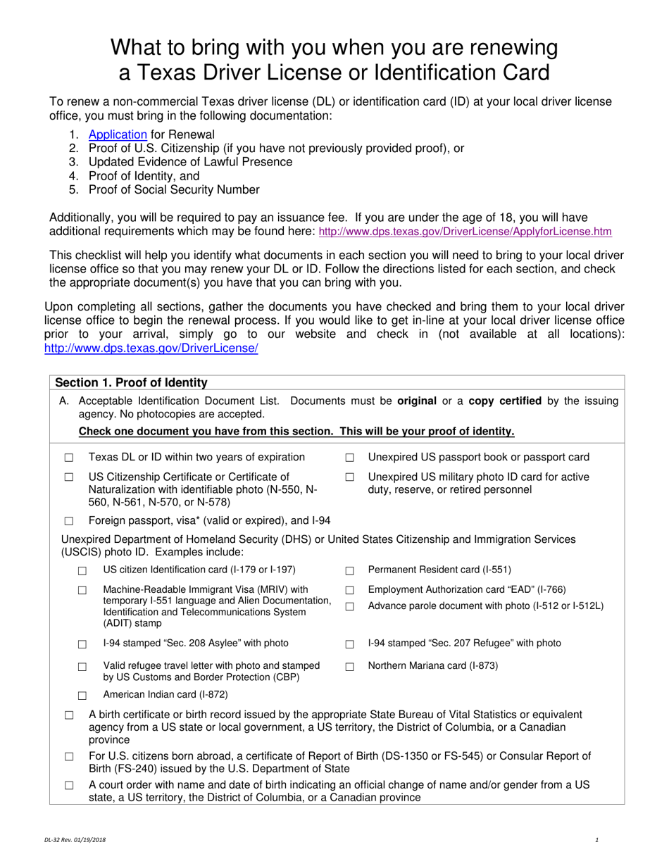Form DL-32 What to Bring With You When You Are Renewing a Texas Driver License or Identification Card - Texas, Page 1