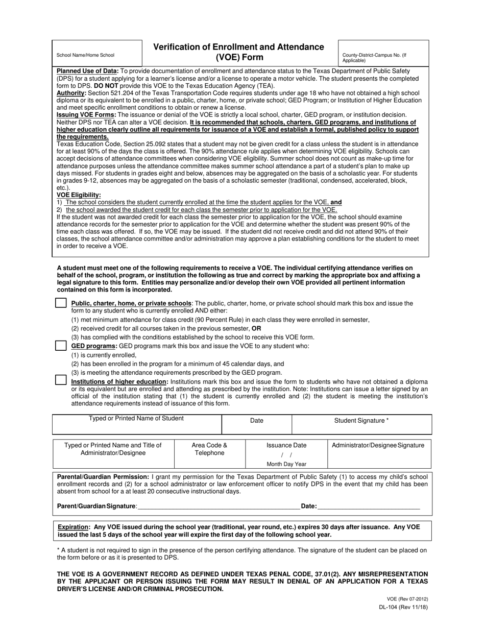 Form DL-104 Verification of Enrollment and Attendance (Voe) Form - Texas, Page 1