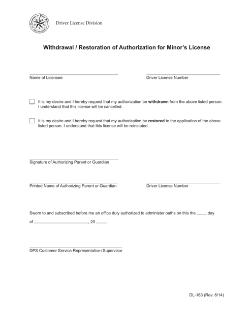 Form DL-163 Withdrawal/Restoration of Authorization for Minor's License - Texas