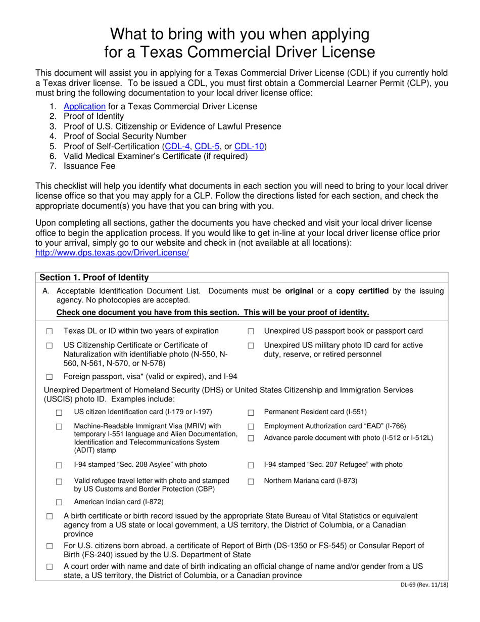 Form DL-69 What to Bring With You When Applying for a Texas Commercial Driver License - Texas, Page 1