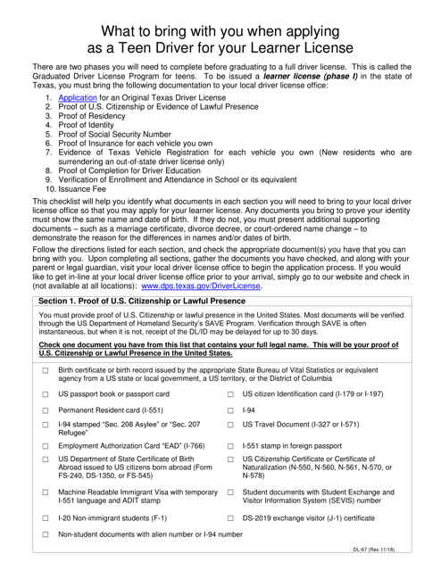 Form DL-67 What to Bring With You When Applying as a Teen Driver for Your Learner License - Texas