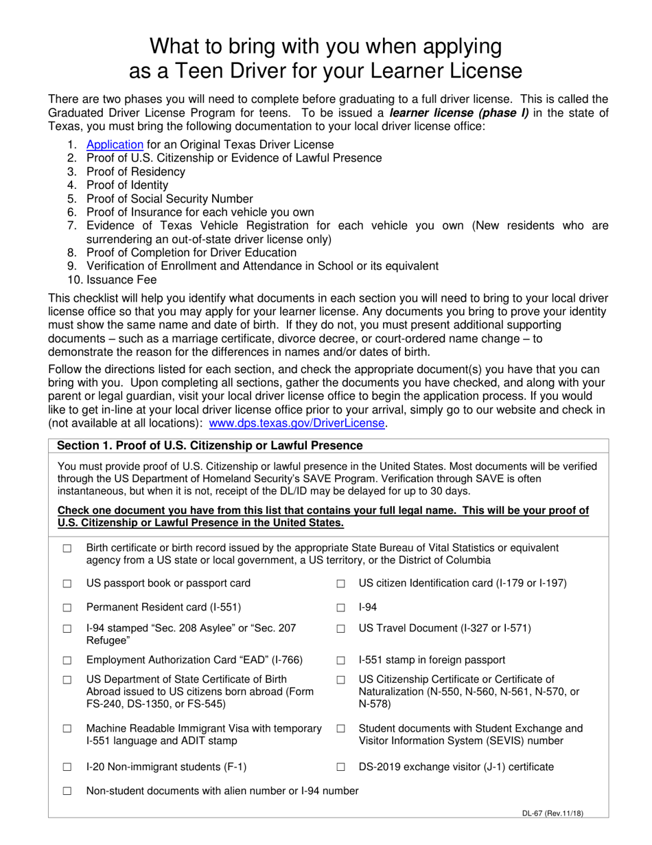 Form DL-67 What to Bring With You When Applying as a Teen Driver for Your Learner License - Texas, Page 1