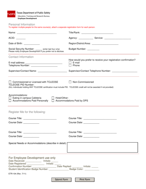 Form ETR-104 Career Development Course Registration Form - Texas