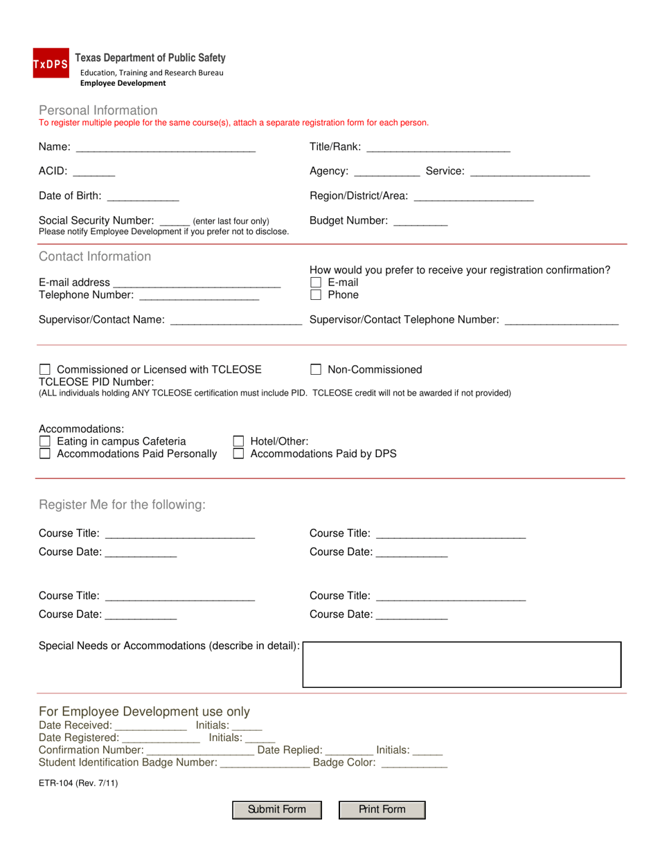 Form ETR-104 Career Development Course Registration Form - Texas, Page 1