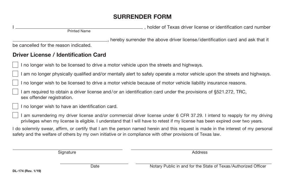 Form DL-174 Surrender Form - Texas
