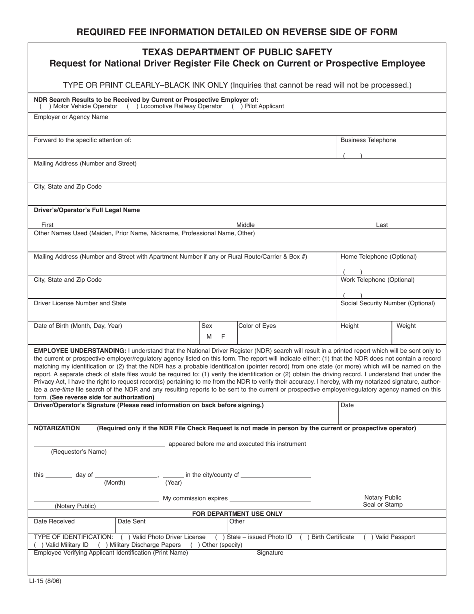 Form LI-15 Request for National Driver Register File Check on Current or Prospective Employee - Texas, Page 1