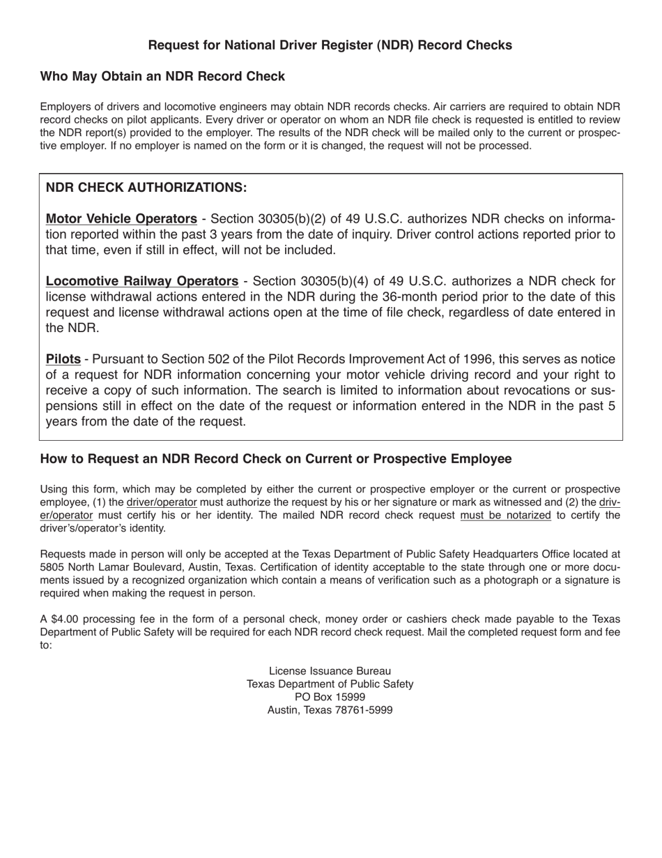 Form LI-15 Request for National Driver Register File Check on Current or Prospective Employee - Texas, Page 2