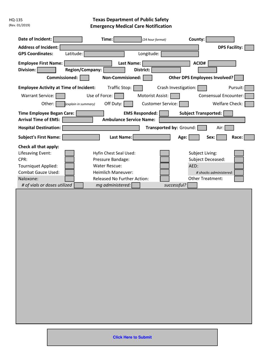 Form HQ-135 Emergency Medical Care Notification - Texas, Page 1