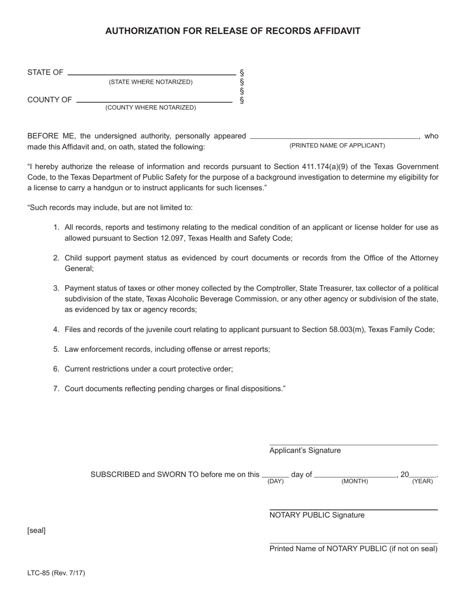 Form LTC-85 Authorization for Release of Records Affidavit - Texas, Page 1