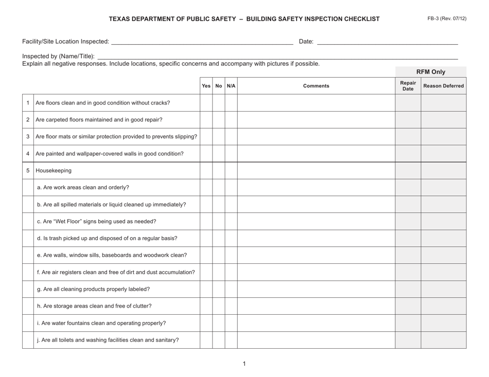 Form FB-3 Building Safety Inspection Checklist - Texas, Page 1