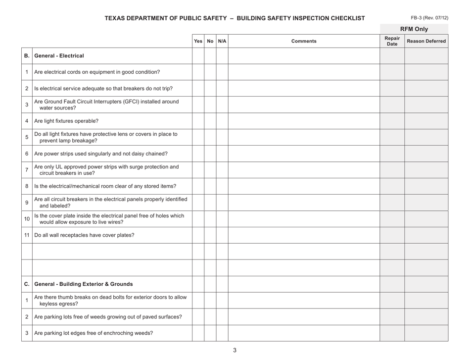 Form FB-3 Building Safety Inspection Checklist - Texas, Page 3