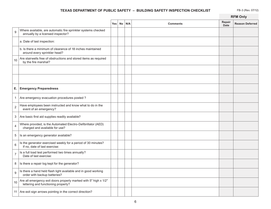 Form FB-3 Building Safety Inspection Checklist - Texas, Page 6