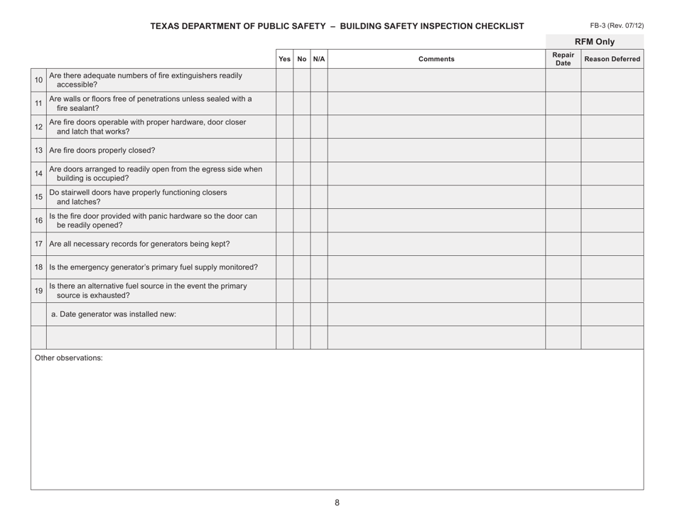 Form FB-3 Building Safety Inspection Checklist - Texas, Page 8