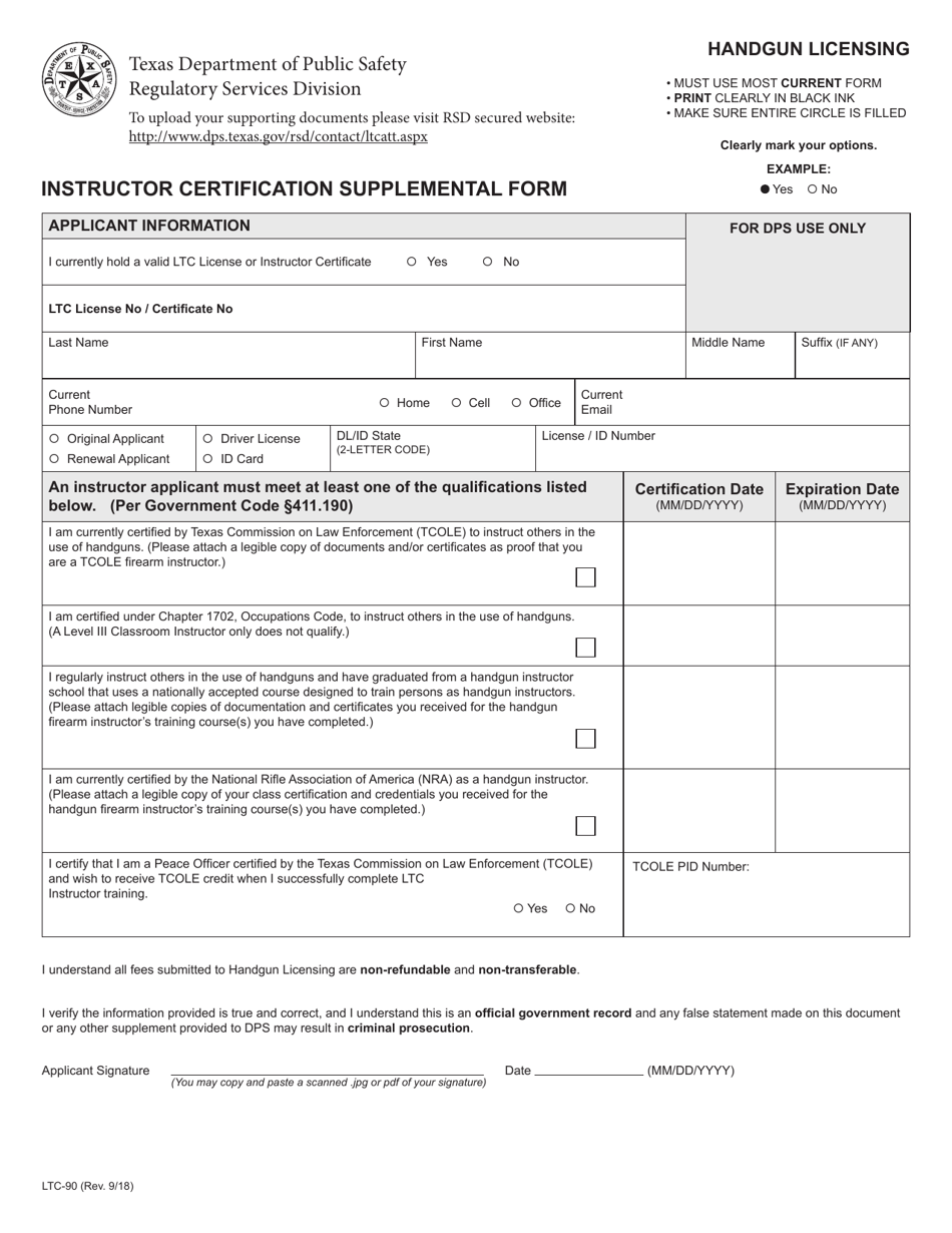 Form LTC-90 Instructor Certification Supplemental Form - Texas, Page 1