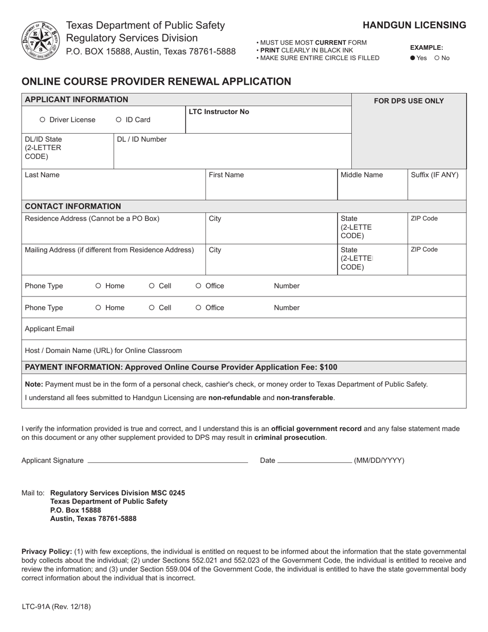 Form LTC-91A Online Course Provider Renewal Application - Texas, Page 1