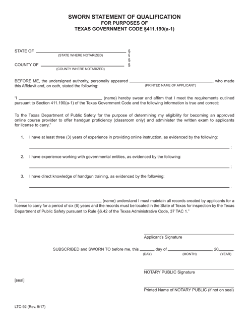 Form LTC-92 Sworn Statement of Qualification for Purposes of Texas Government Code 411.190(A-1) - Texas