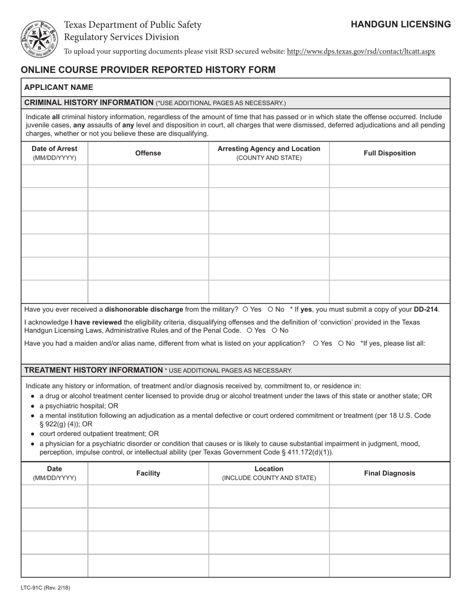 Form LTC-91C Online Course Provider Reported History Form - Texas, Page 1