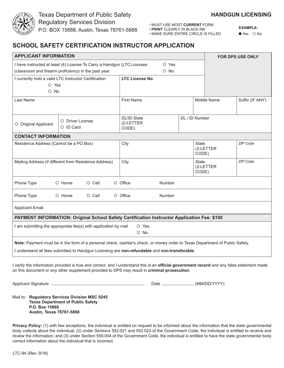Form LTC-94 School Safety Certification Instructor Application Form - Texas, Page 1