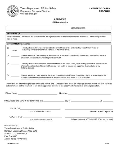 Form LTC-102 Affidavit of Military Service - Texas