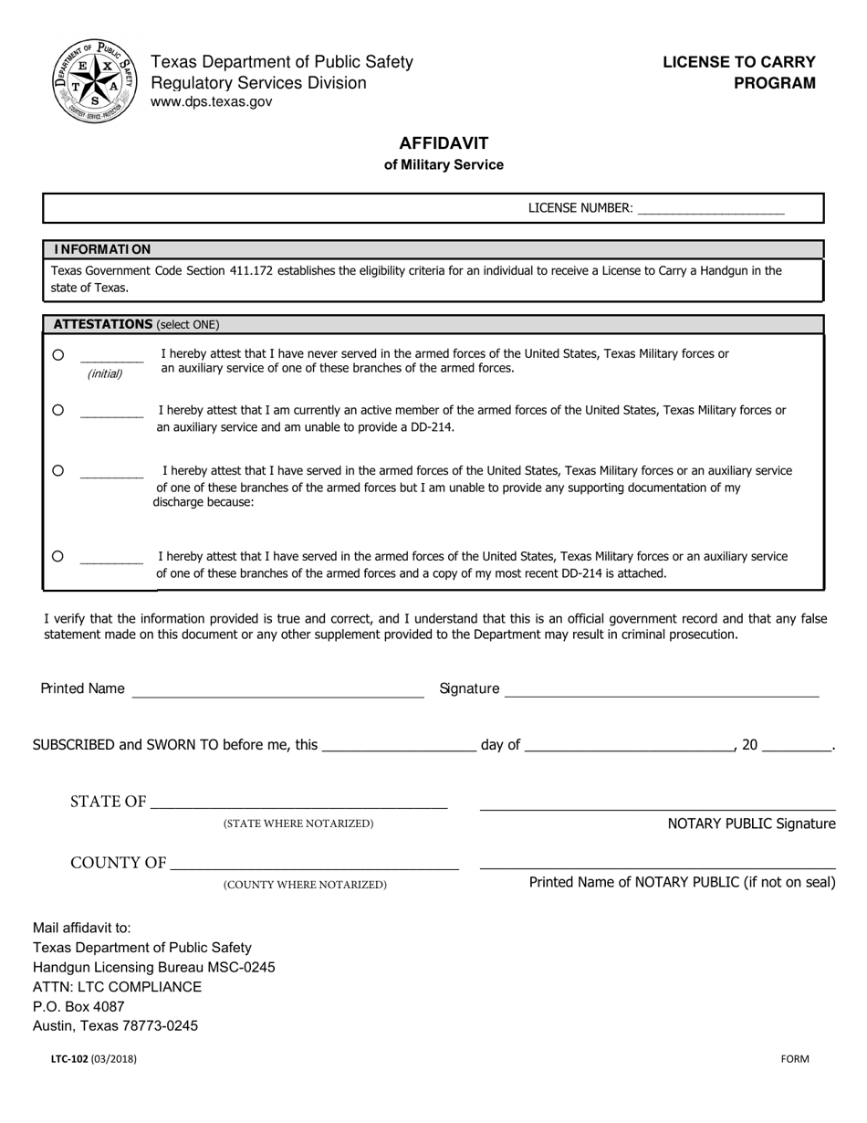 Form LTC-102 Affidavit of Military Service - Texas, Page 1