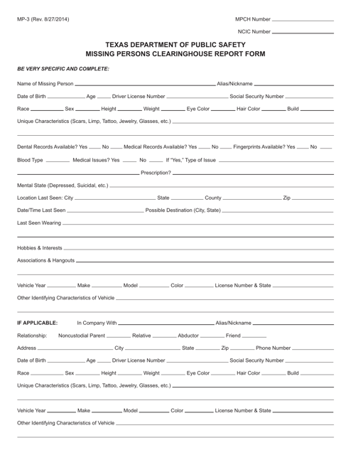 Form MP-3 Missing Persons Clearinghouse Report Form - Texas